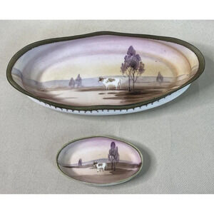 Nippon Scene Cow In The Meadow Decorative Long‎ Tray Dish Set Of 2 Hand Painted